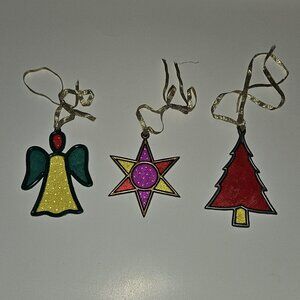 3 VTG Plastic Christmas Tree Ornaments Lot Stained Glass Look Star Angel